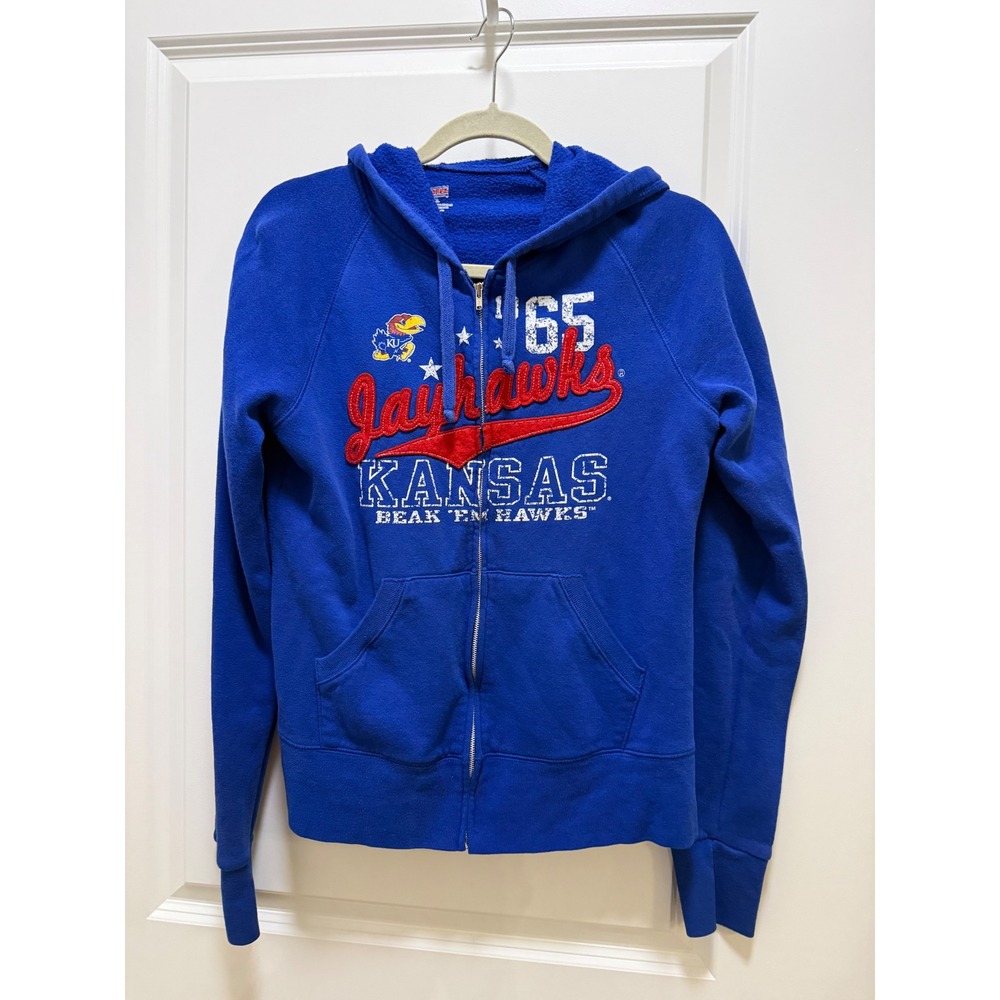 Soffe Kansas Jayhawks Full Zip Hoodie Royal Blue XL Chenille Patch Beak Em Hawks